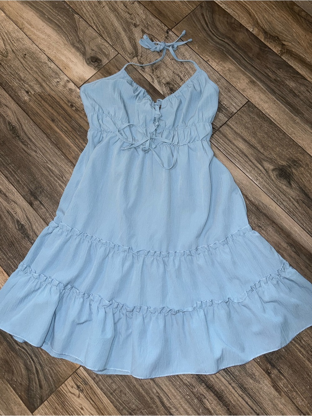 SHEIN Light Blue Tiered Halter Dress with Tie Front